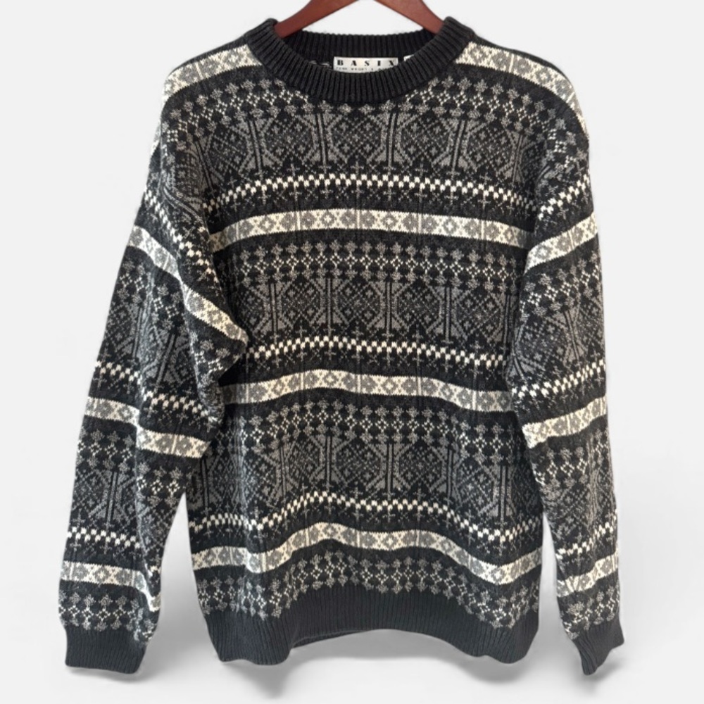 Vintage Basix Fenn Wright Manson Sweater Mens Large Black Gray 90s Abstract Knit